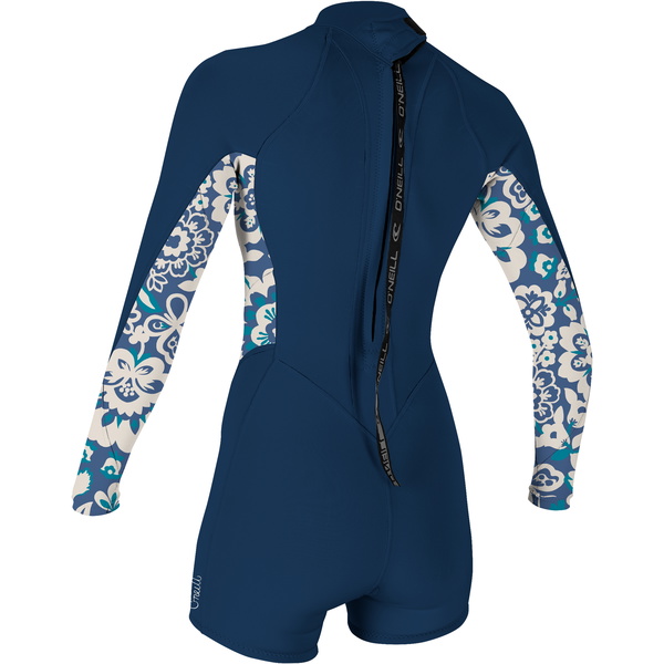 2024 O'Neill Women Bahia 2/1mm Long Sleeve Back Zip Shorty Wetsuit 5291 - French Navy / Crisflor