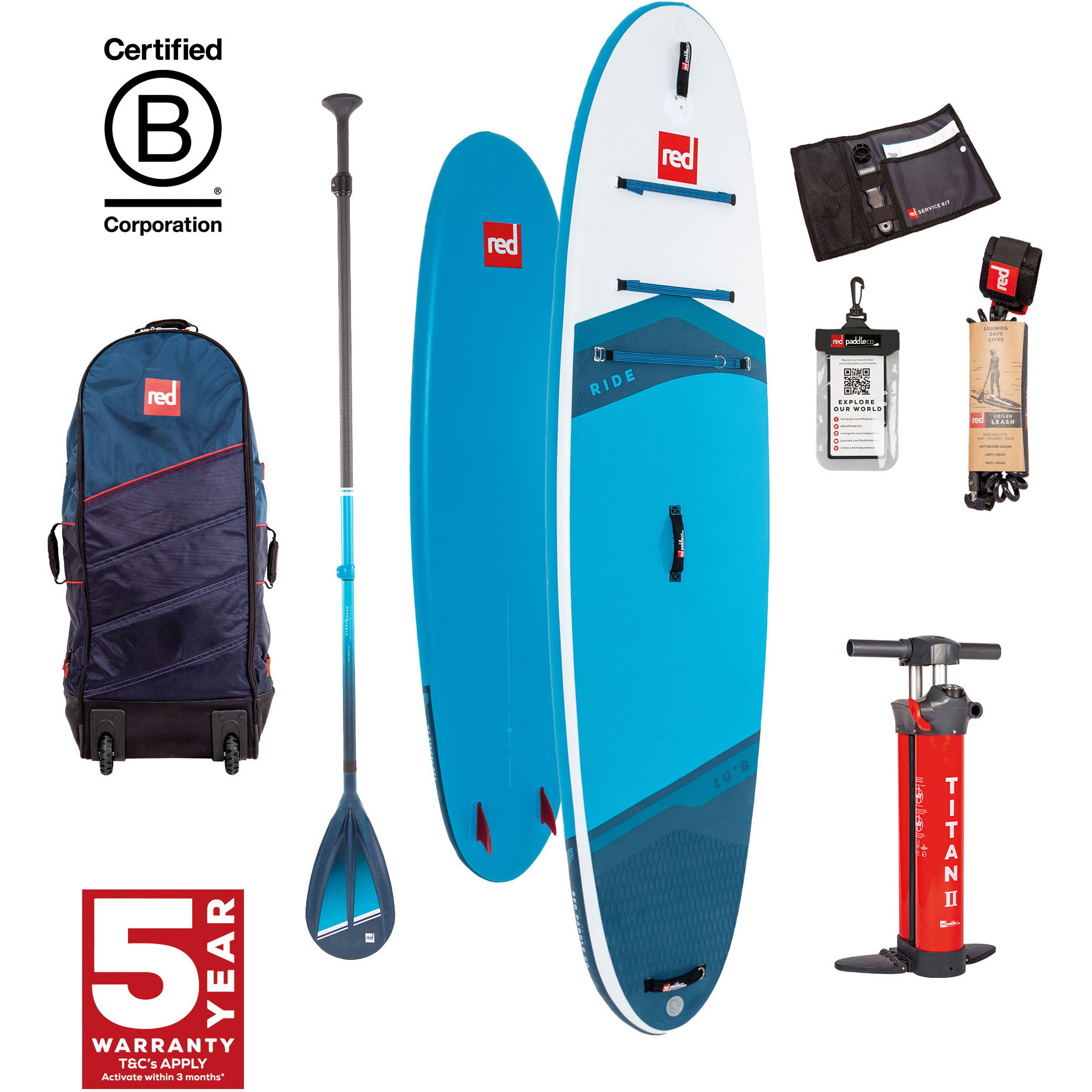 2024 Red Paddle Co 10'2'' Ride MSL Stand Up Paddle Board , Tasche, Pumpe & Hybrid Tough Paddle 001-001-001-0109 - Blue