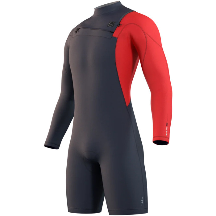 2024 Mystic Mens Marshall 3/2mm Long Sleeve Chest Zip Shorty Wetsuit 35000.2301211 - Navy / Red