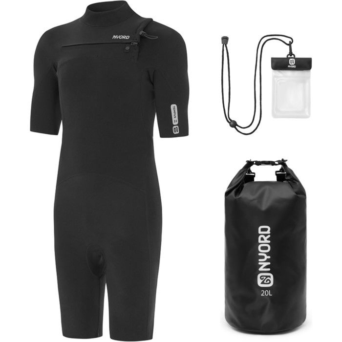 2024 Nyord Mens Tempus 2/2mm Chest Zip Shorty Wetsuit & 20L Dry Bag & Key Case Bundle MTEMP01 - Black