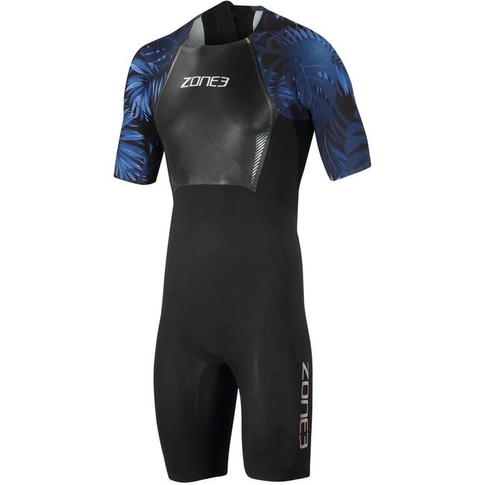 2024 Zone3 Mens Tropical Palm Back Zip Shorty Swimskin SS21MWTC101 - Black / Blue