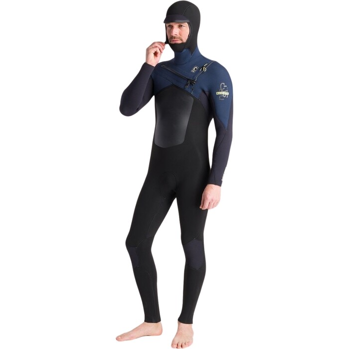 2024 C-Skins Mens NuWave ReWired 5/4mm Chest Zip Hooded Wetsuit C-NRW54MH - Black / Black x / Bluestone x