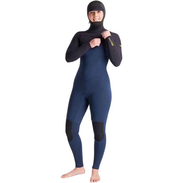 2024 C-Skins Womens NuWave Solace 5/4/3mm Chest Zip Hooded Wetsuit C-NSO54WH - Bluestone / Black x / Saffron