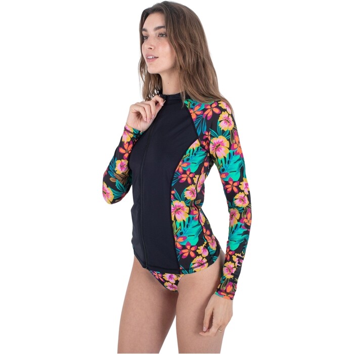 2024 Hurley Womens Fiji Fantasy Front Zip Long Sleeve Rash Vest HDR1096 - Black