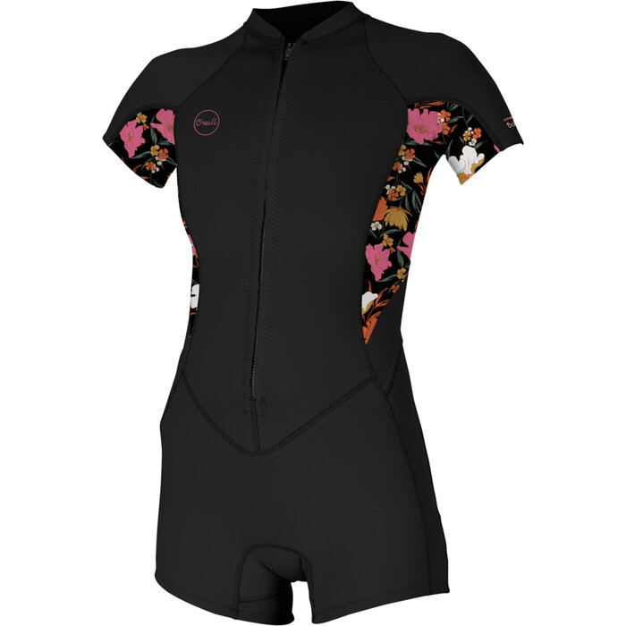 2024 O'Neill Womens Bahia 2/1mm Front Zip Short Sleeve Springsuit Wetsuit 5293 - Black / Bluemchen / Black