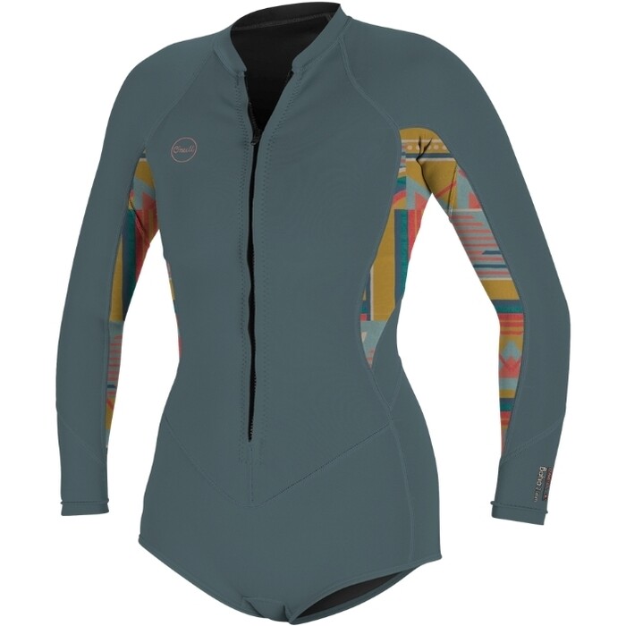 2024 O'Neill Womens Bahia 2/1mm Long Sleeve Front Zip Shorty Wetsuit 5363 - Shade / Arta Geo