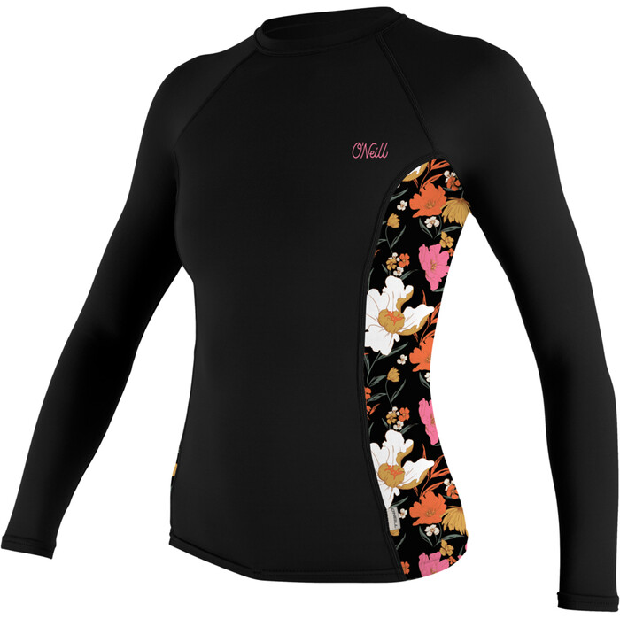 2024 O'Neill Frauen Side Print Long Sleeve Rash Guard 5406S - Black / Bluemchen