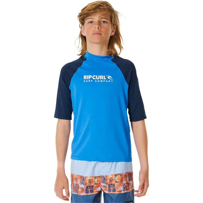 2024 Rip Curl Junior Shock UPF Short Sleeve Boy Rash Vest 124BRV - Blue Gum