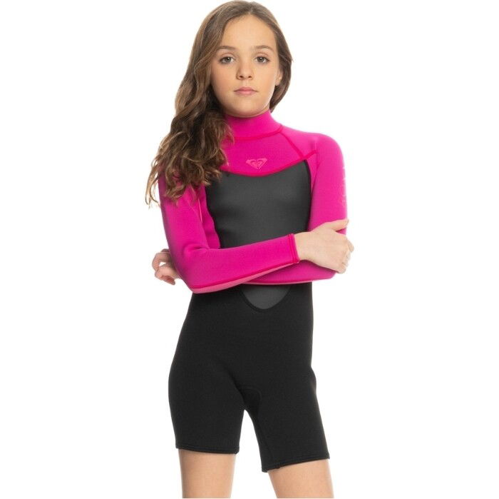 2024 Roxy Girls Prologue 2/2mm Long Sleeve Back Zip Shorty Wetsuit ERGW403025 - Festival Fuchsia