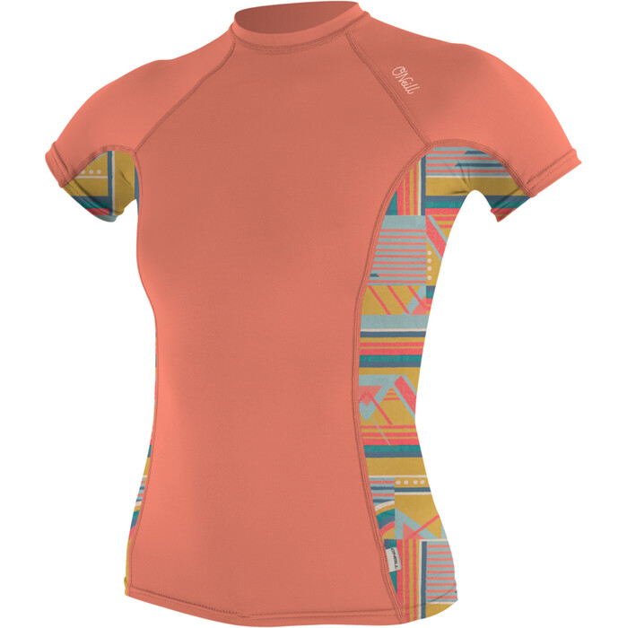 2024 O'Neill Frauen Side Print Short Sleeve Rash Guard 5405S - Burnt Coral / Arta Geo