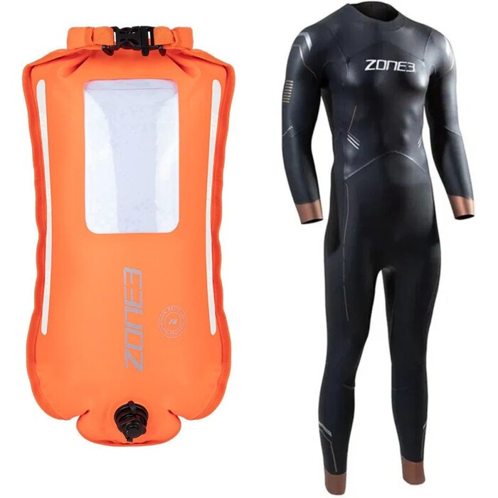 2024 ZONE3 Mens Thermal Agile Wetsuit - Black / Gold & Zone3 Recycled 2 LED Light 28L Backpack Swim Safety Buoy & Dry Bag Bundle