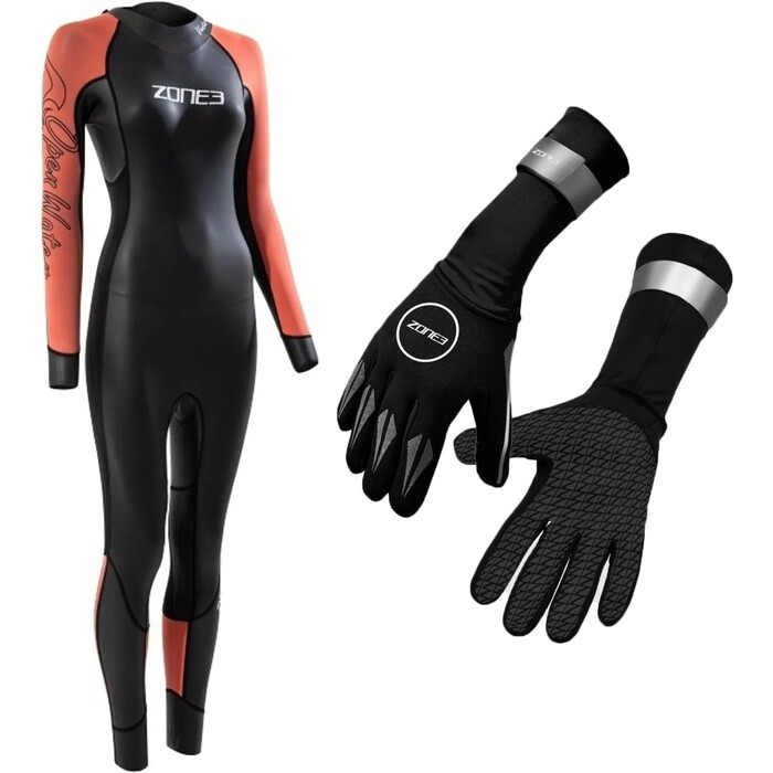 2024 Zone3 Frauen Venture Back Zip Swim Wetsuit & Zone3 2mm Neoprene Swim Gloves Bundle