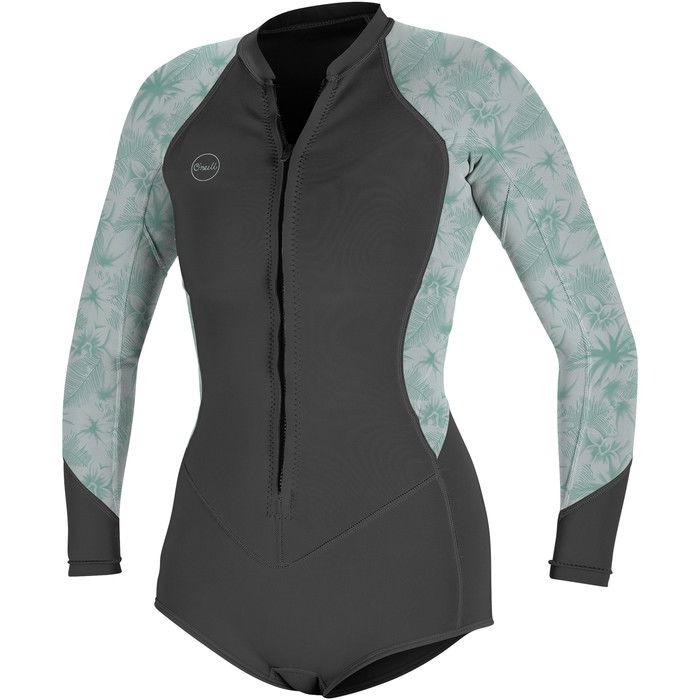 2023 O'Neill Womens Bahia 2/1mm Long Sleeve Front Zip Shorty Wetsuit 5363 - Graphite / Mirage Tropical