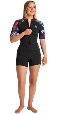 2026 C-Skins Frauen NuWave Solace Lite 2/2mm Reißverschluss Vorne Shorty Neoprenanzug C-NSOL22SHW - Black / Tropical