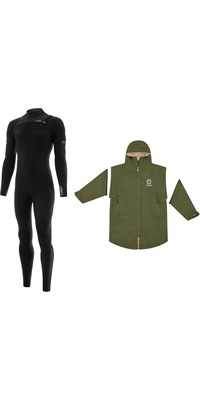 2026 Nyord Männer Solu Yulex 5/4mm Brustreißverschluss Neoprenanzug & Change Robe Bundle SOLM540001NCR - Black / Green