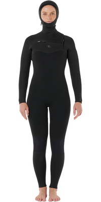 2026 Rip Curl Frauen Dawn Patrol 5/4mm Mit Kapuze Brustreißverschluss Neoprenanzug 15YWFS - Black