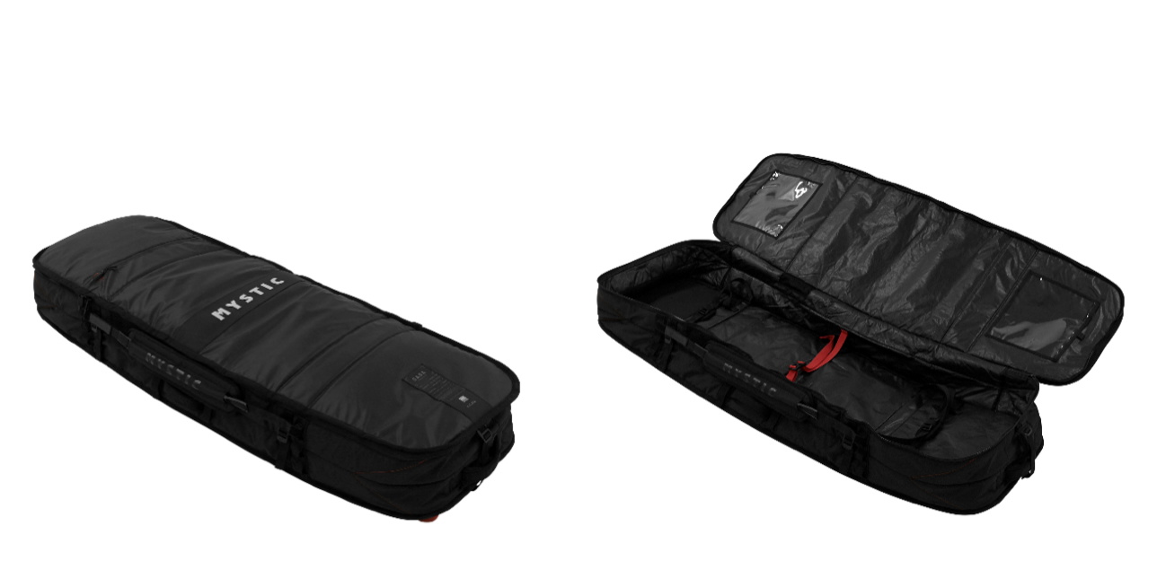 Schwarze Boardbag mit Rollen, geschlossen und offen mit den Innenfächern, auf Weiß