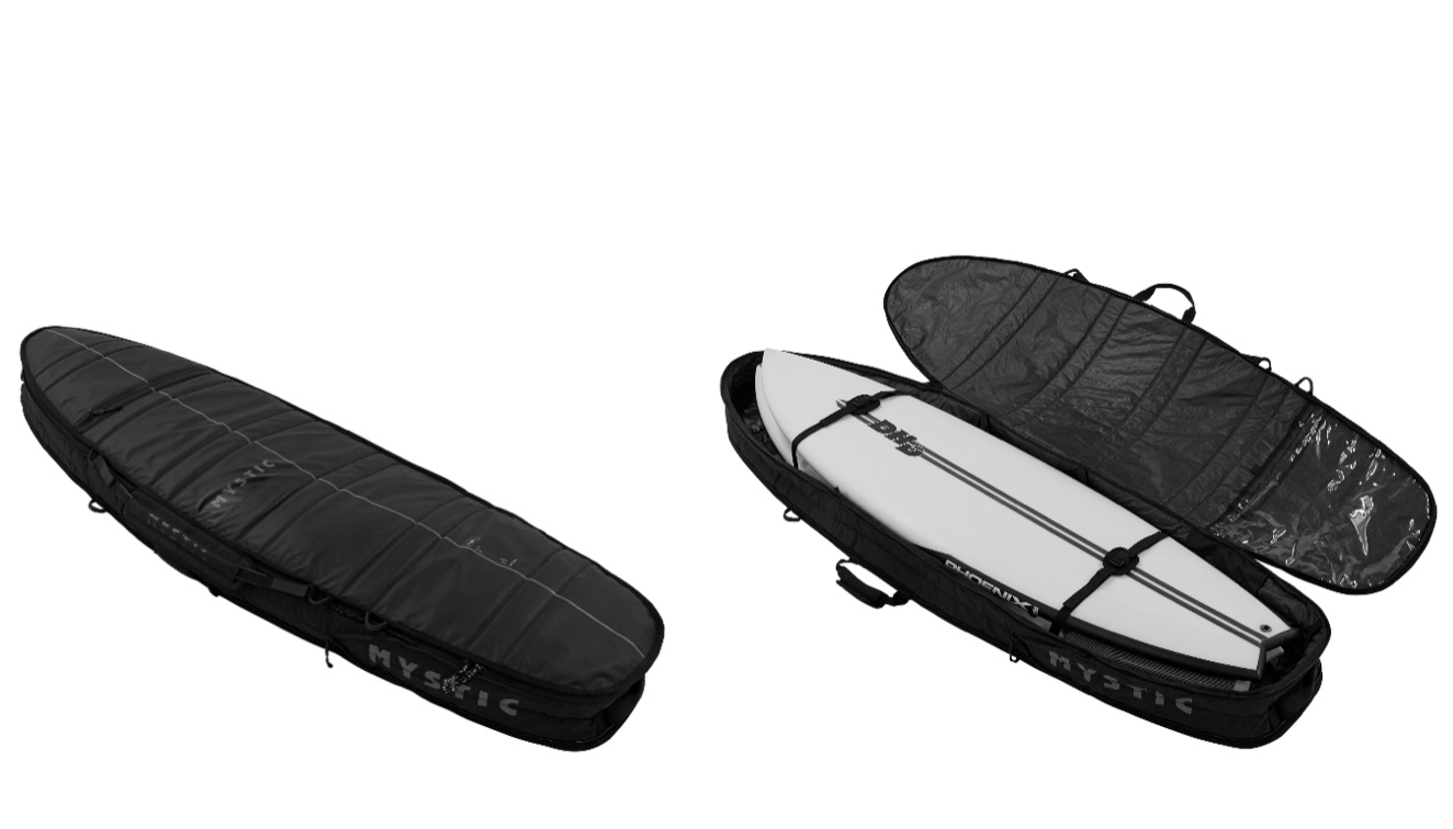 Schmale schwarze Boardbag, geschlossen und offen mit einem weißen Surfboard, auf Weiß