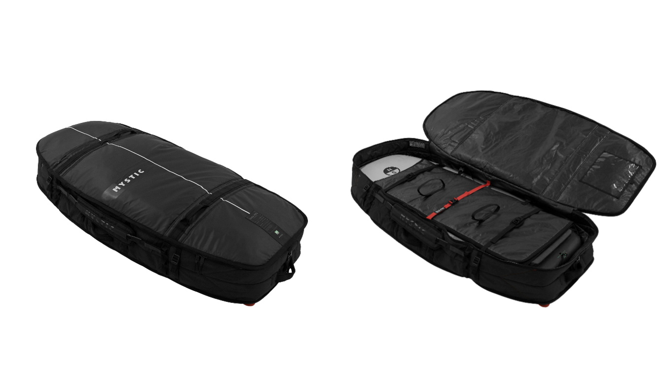 Schwarze Boardbag, geschlossen und offen mit gepolsterten Innentrennern, auf Weiß