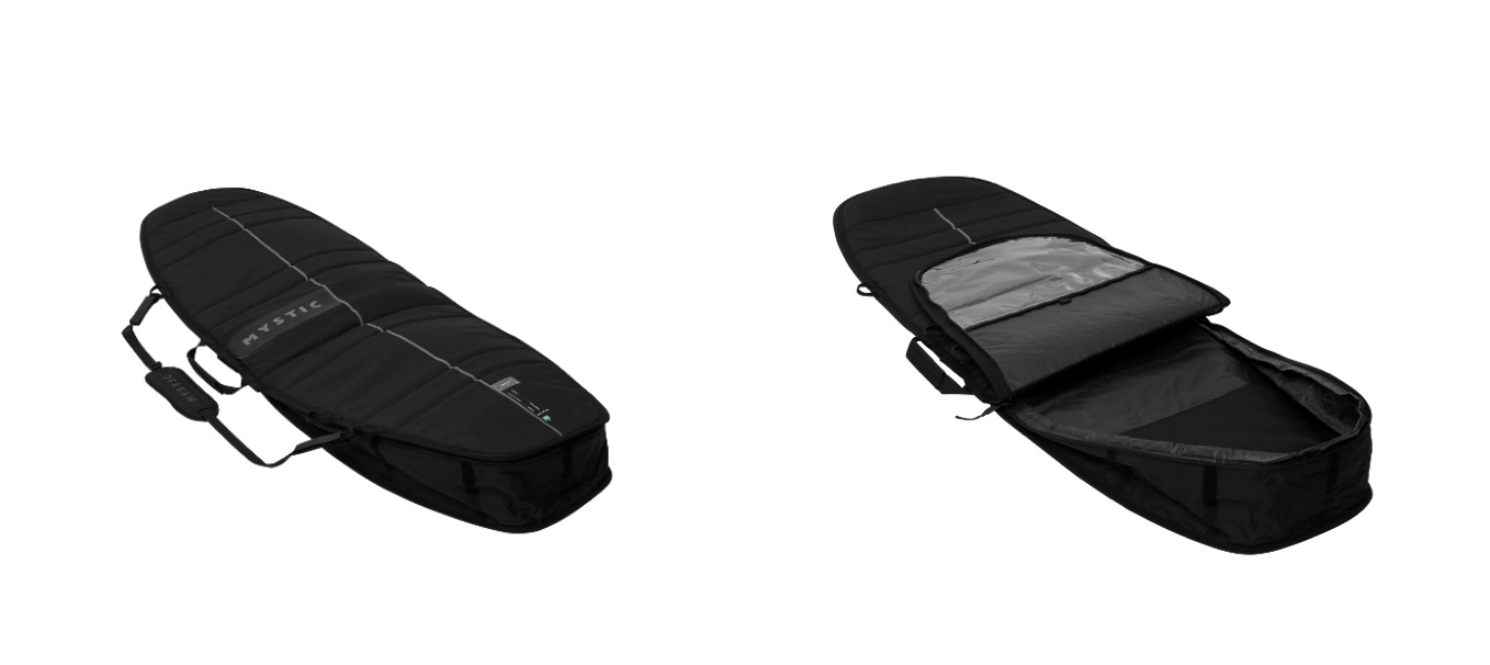 Schwarze Surfboard-Reisetasche geschlossen und geöffnet mit gepolstertem Innenfutter, auf Weiß