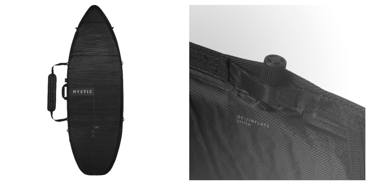 Schwarze Boardsocke in Surfboardform mit Griff, daneben eine Nahaufnahme des Außenstoffs