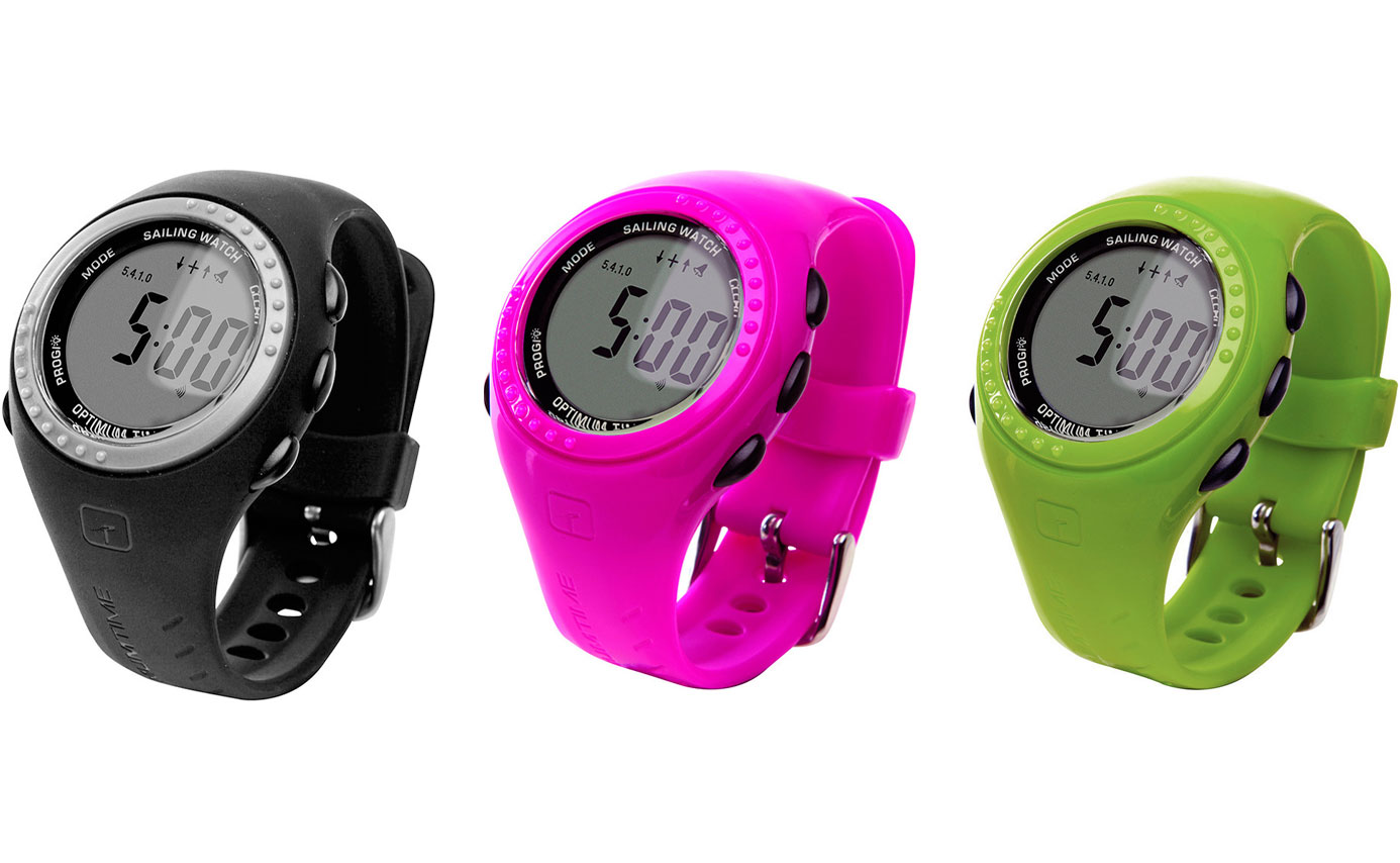 Three sailing watches in black, pink and lime green, each counting down from five minutes
