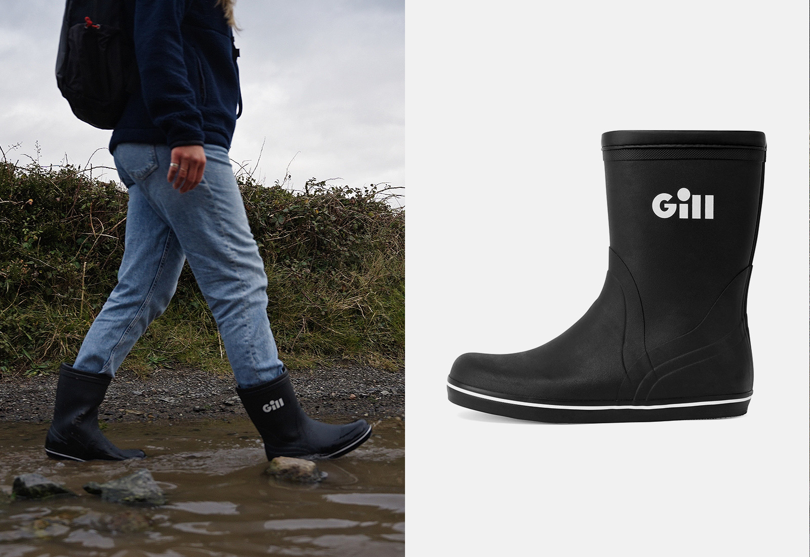 Walker crossing muddy ground in short black boots, shown with the Gill boot product shot