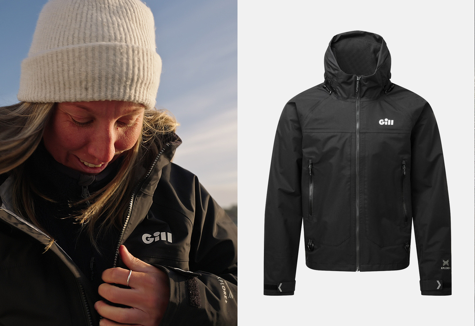Woman in a cream beanie zipping her jacket, shown with a black Gill waterproof jacket