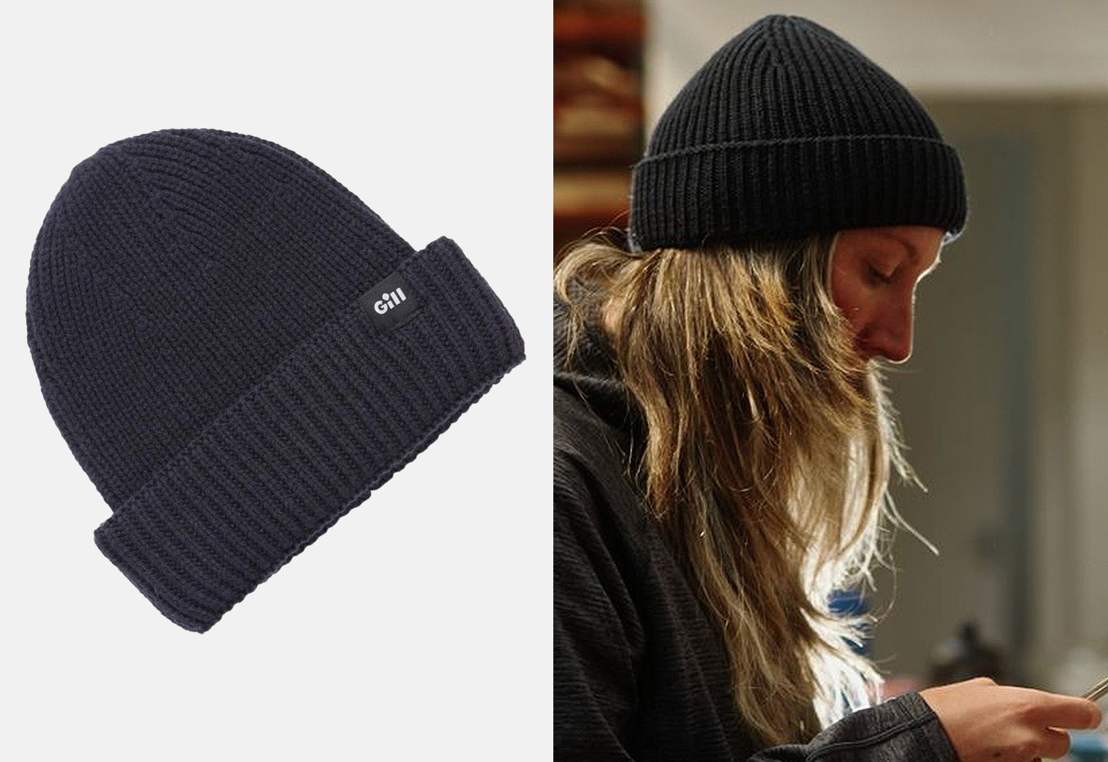 Navy ribbed Gill beanie product shot next to a woman wearing a black knitted beanie indoors