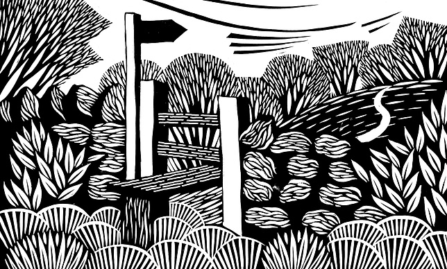 Black and white linocut style illustration of a stile and footpath sign in a coastal hedgerow