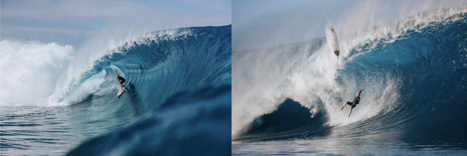 Two photos of surfers riding deep inside large hollow barrelling waves