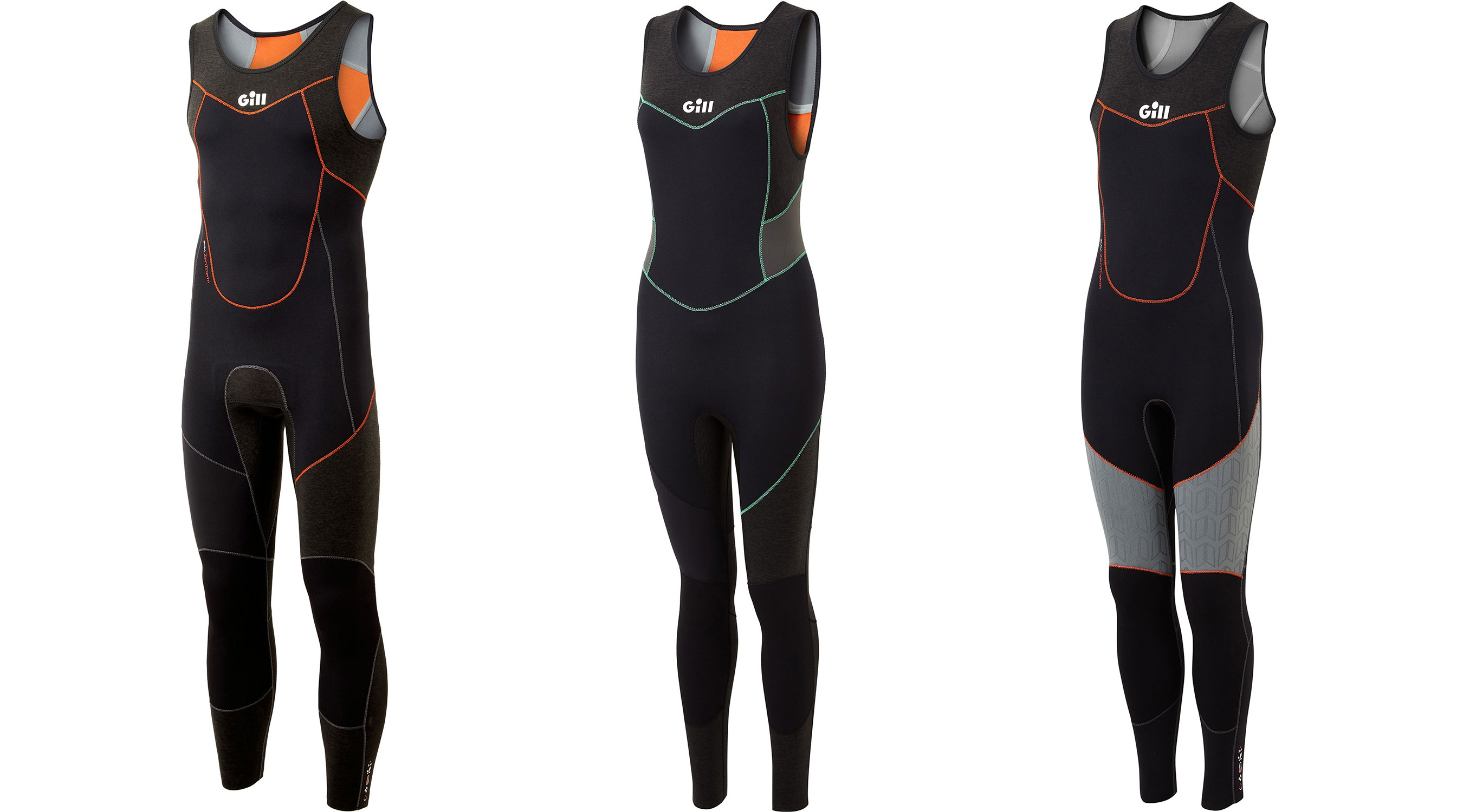 Three views of a black sleeveless Gill long john wetsuit with orange and teal contrast stitching