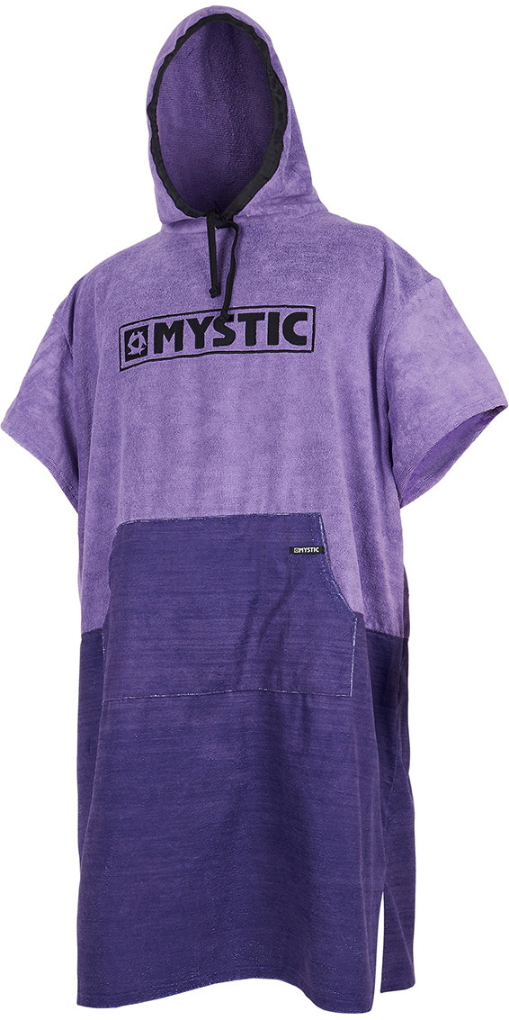 Purple hooded Mystic towelling changing poncho with a front pouch pocket, on a white background
