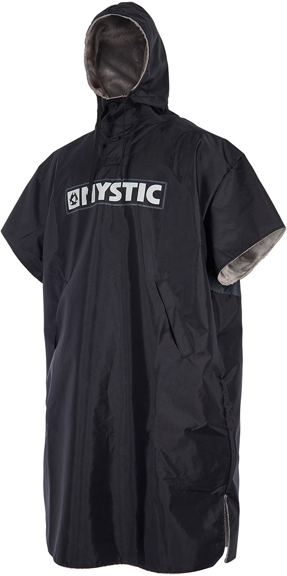 Black hooded Mystic changing poncho with grey lining, shown flat against a white background