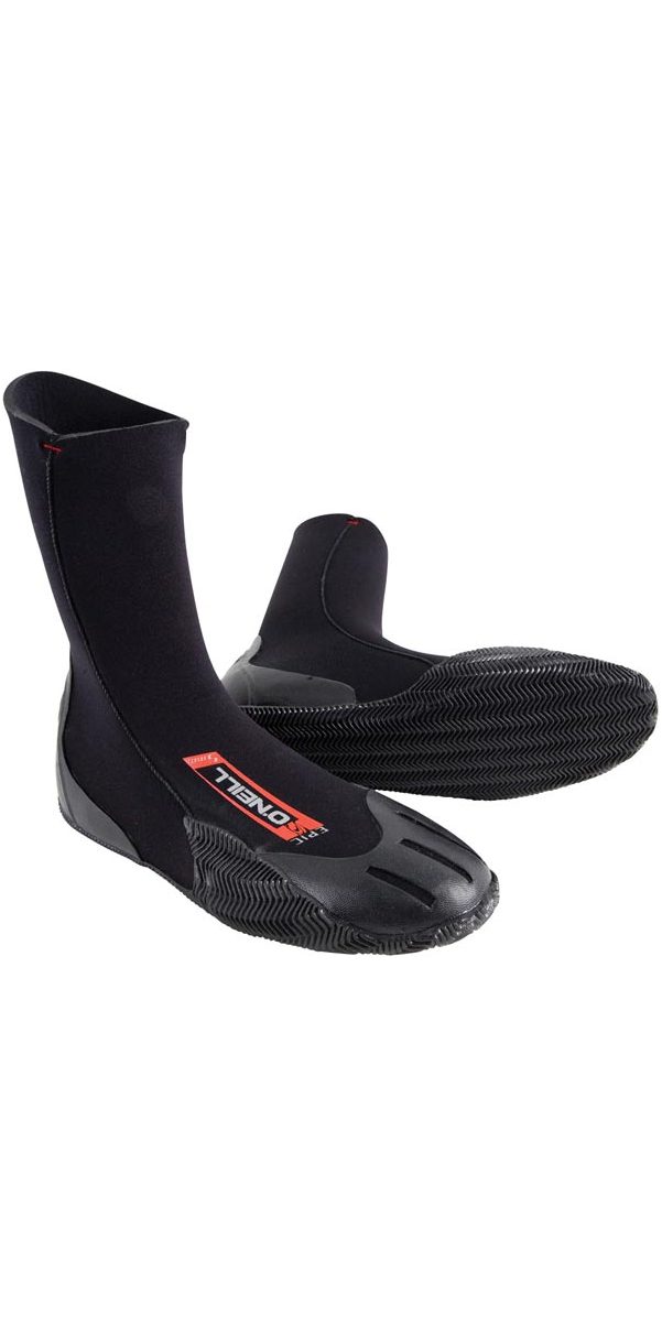 Pair of black 5mm round-toe neoprene wetsuit boots with grippy soles, shown on a white background