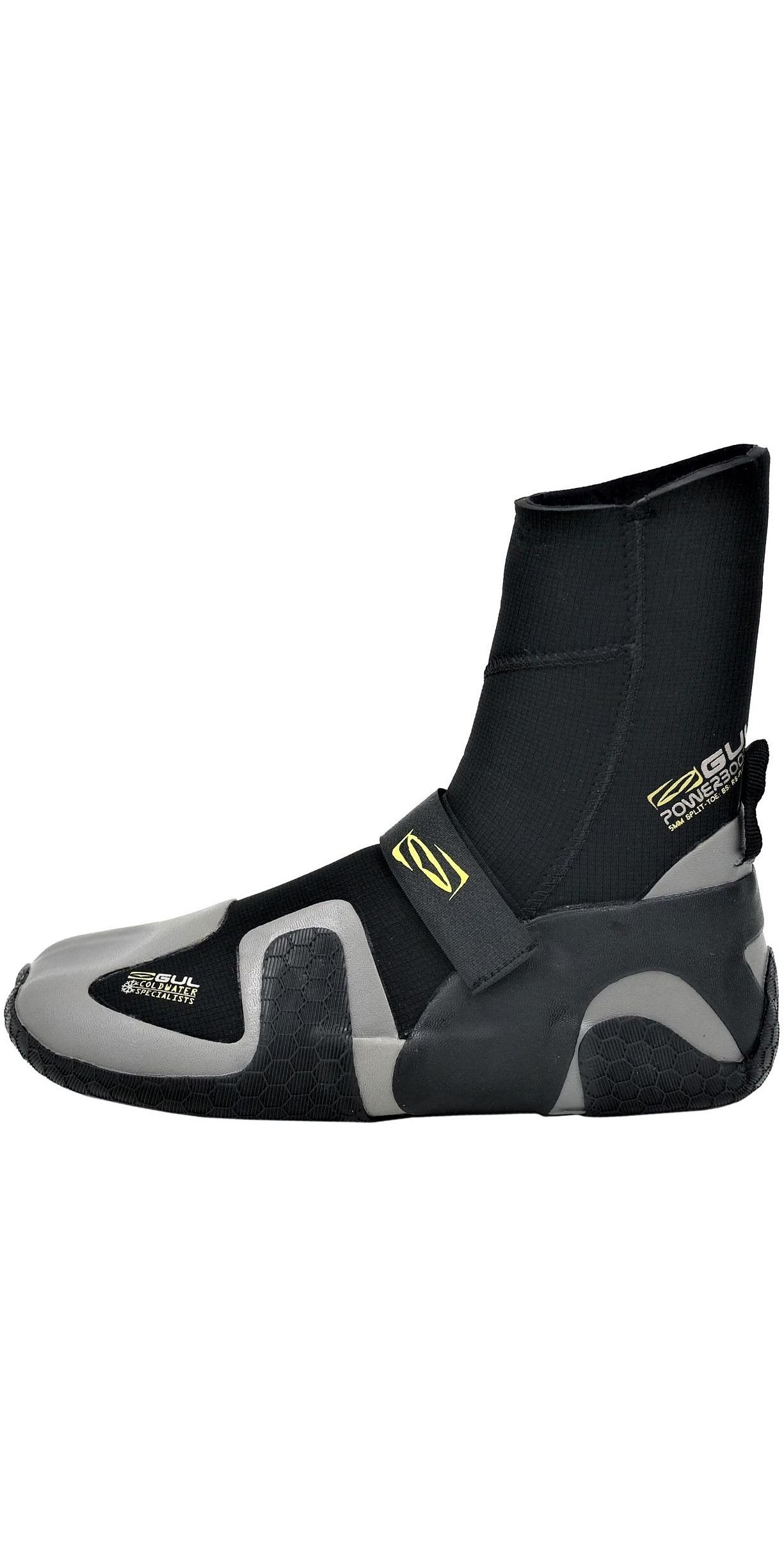 Single black and grey 5mm split-toe wetsuit boot shown in profile against a white background