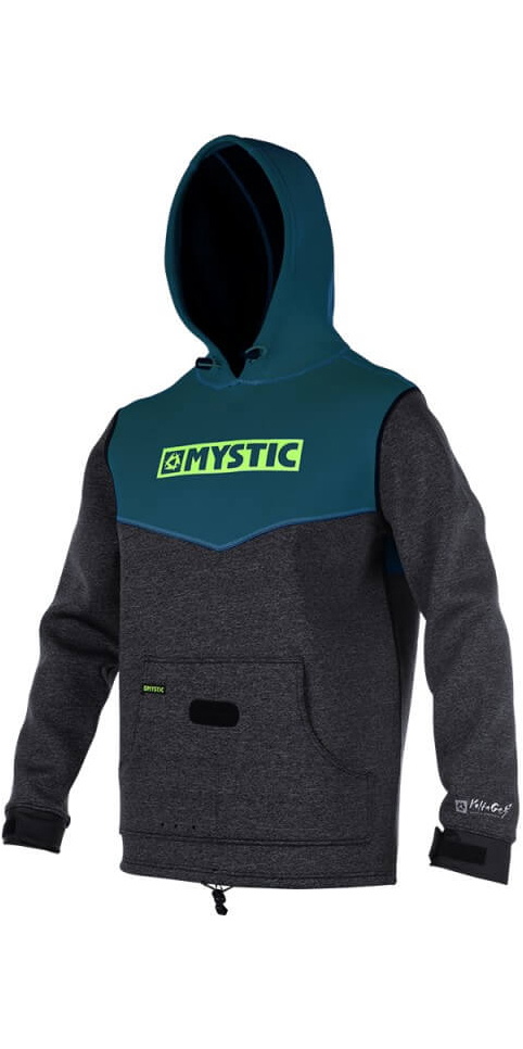 Dark grey neoprene hooded pullover with a teal hood and chest panel and a Mystic logo