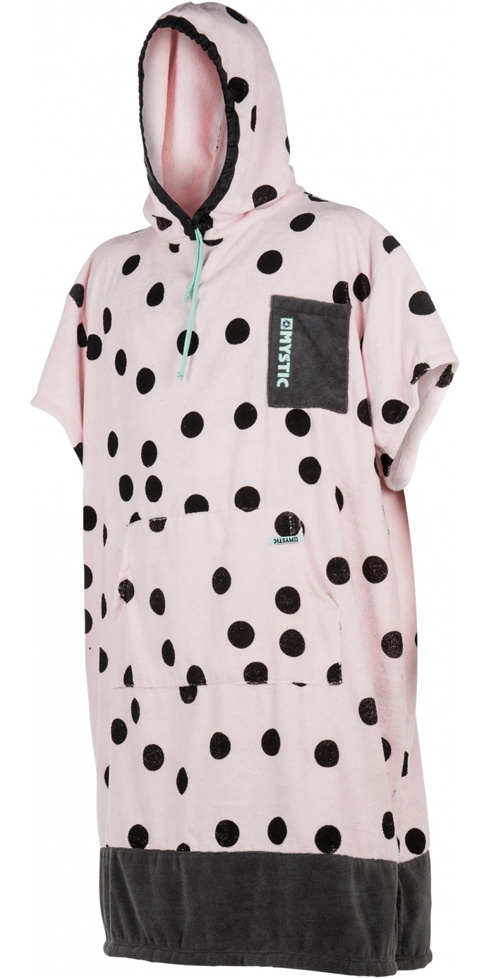 Pale pink hooded Mystic towelling poncho covered in black polka dots with a dark hem
