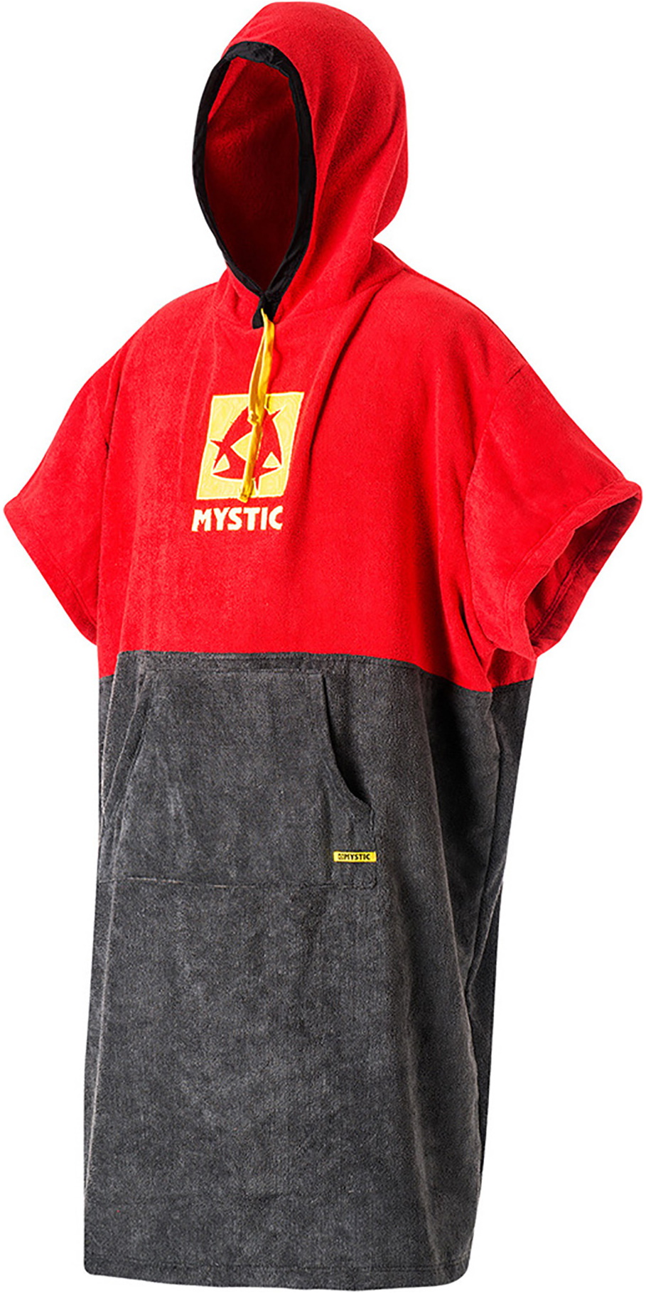 Red and grey hooded Mystic towelling changing poncho shown on a white background
