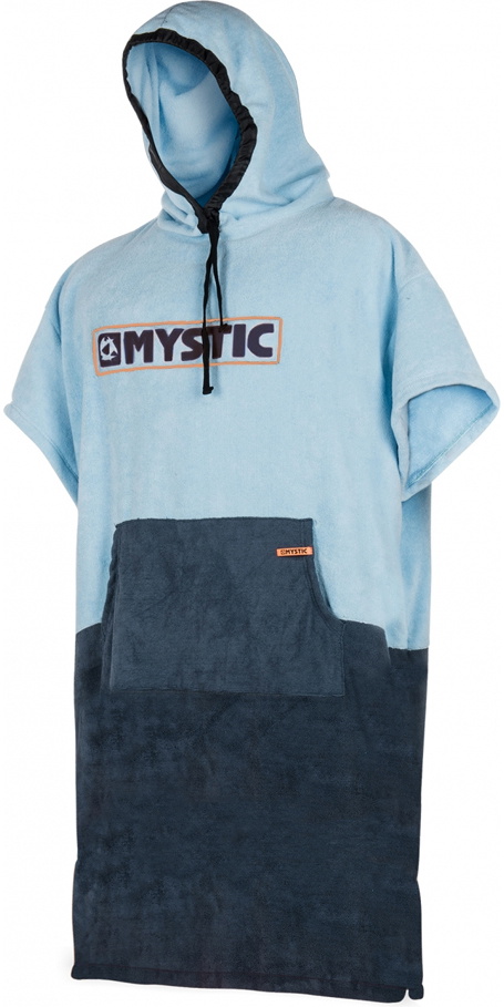 Light blue hooded Mystic towelling poncho with a navy front pocket, shown on a white background
