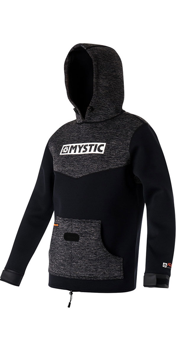 Black and grey marl neoprene hooded pullover with a Mystic logo on the chest, on a white background