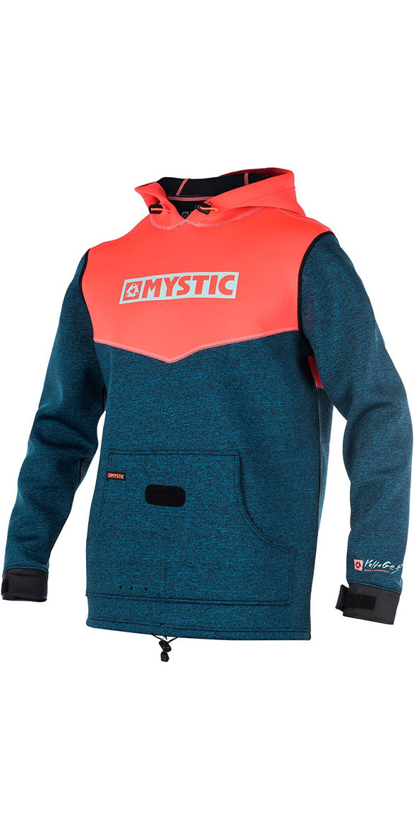 Teal and coral neoprene hooded pullover with a Mystic logo and front pouch pocket, on white