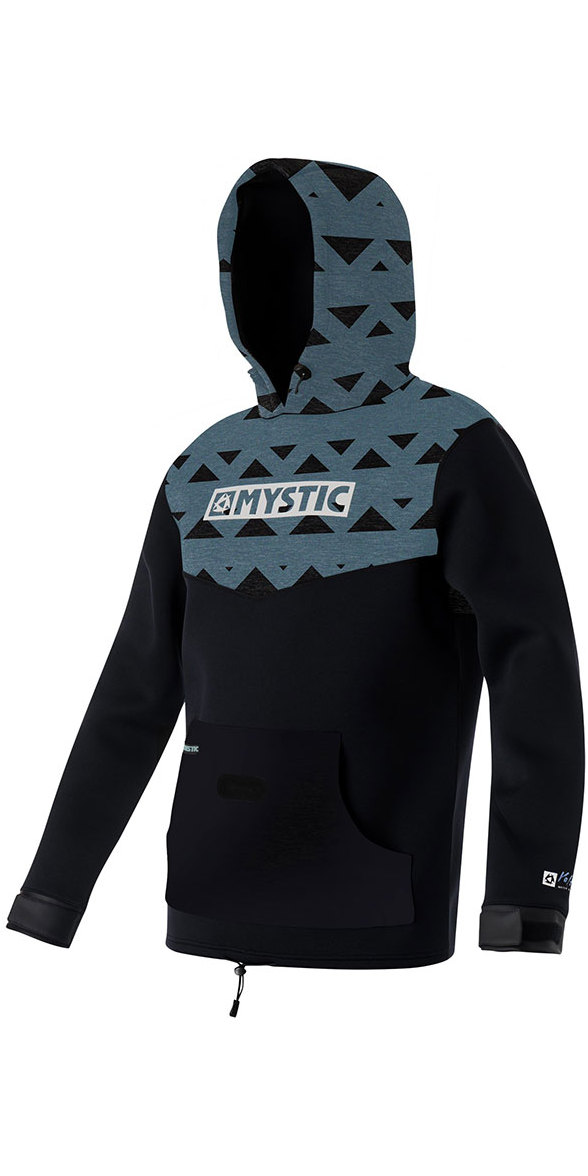 Black neoprene hooded jacket with a patterned grey chest panel and Mystic logo, on a white background