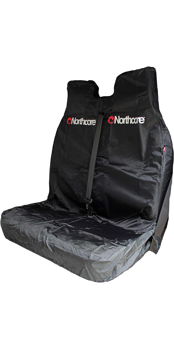 Black waterproof Northcore double car seat cover fitted over a rear bench seat, on a white background