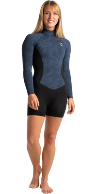 2024 C-Skins Womens Solace 3/2mm Long Sleeve Back Zip Shorty Wetsuit C-SO32BLSP - Black / Bluestone Tropical / Saffron