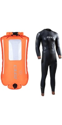 2024 ZONE3 Mens Thermal Agile Wetsuit - Black / Gold & Zone3 Recycled 2 LED Light 28L Backpack Swim Safety Buoy & Dry Bag Bundle