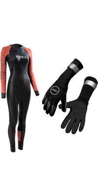 2024 Zone3 Frauen Venture Back Zip Swim Wetsuit & Zone3 2mm Neoprene Swim Gloves Bundle