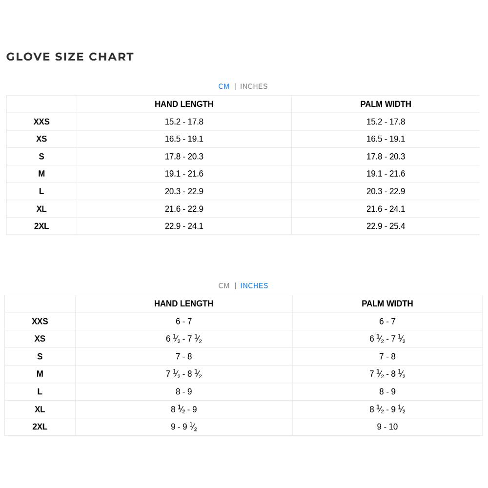 Xcel Gloves 22 0 Grentabelle