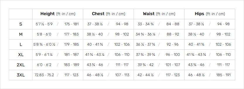 Jobe Mens Wetsuit Mens Size Chart