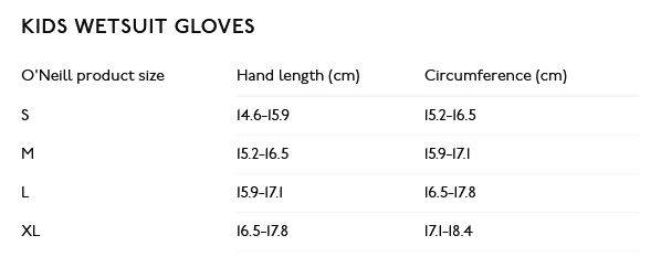 ONeill Junior Gloves 22 0 Grentabelle